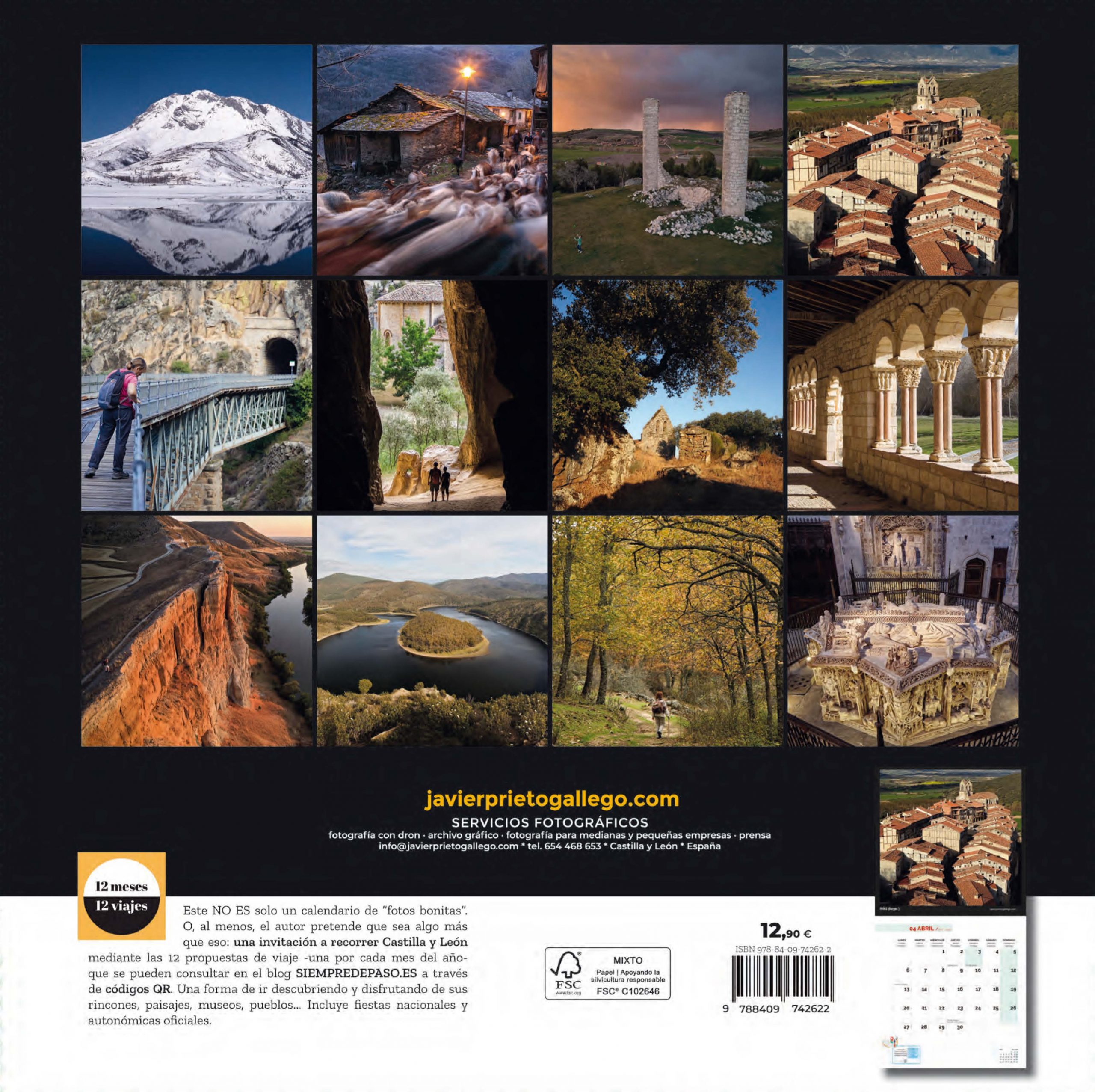 Contraportada del calendario de pared CASTILLA Y LEÓN ES FASCINANTE. Ediciones SIEMPRE DE PASO. Autor. Javier Prieto Gallego