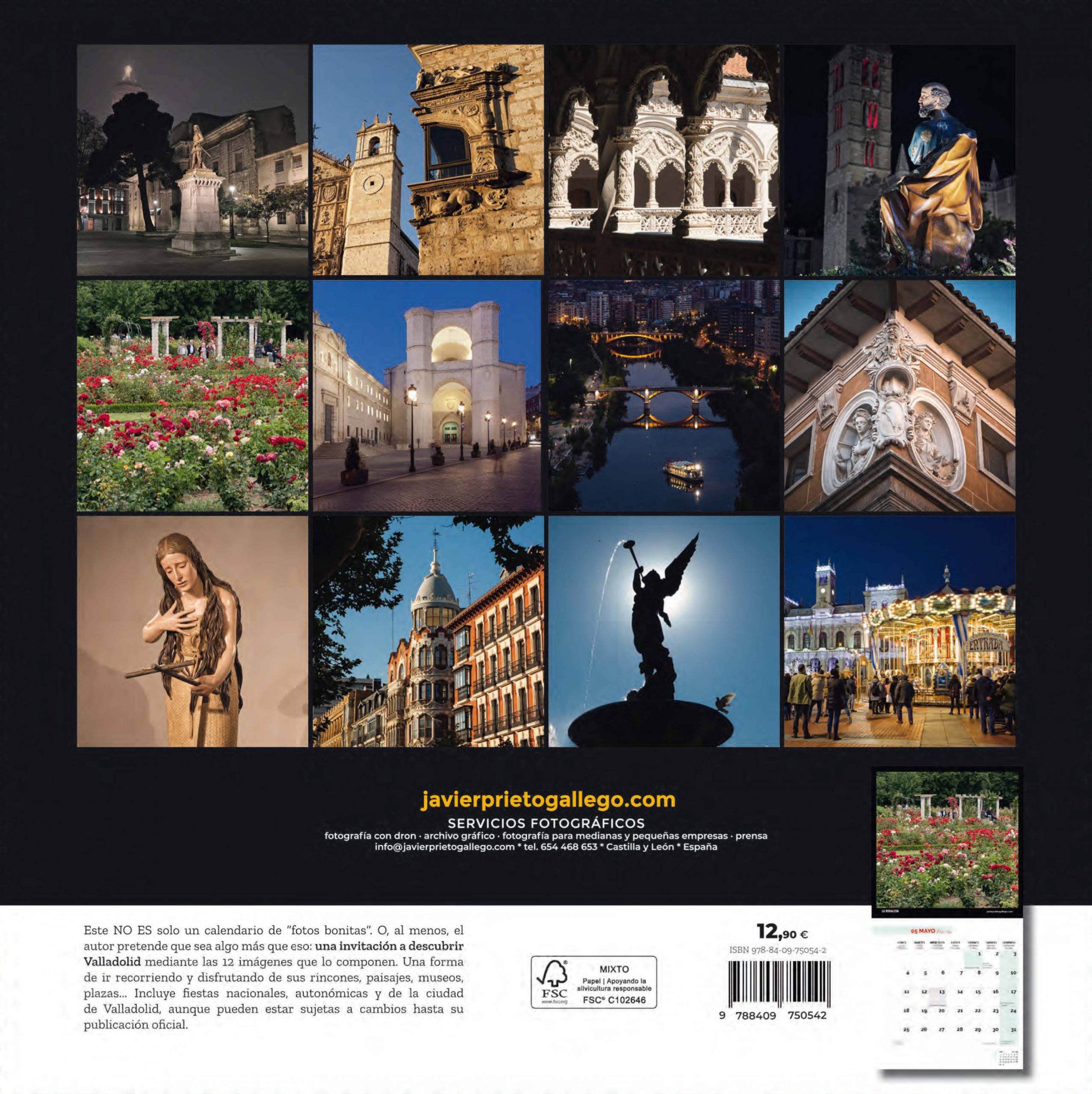 Contraportada del calendario de pared VALLADOLID. RINCONES Y MIRADAS 2026. Ediciones SIEMPRE DE PASO. Autor. Javier Prieto Gallego
